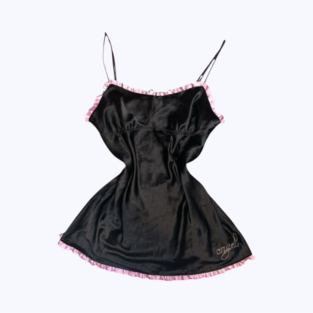 Y2K Victoria's Secret angels bedazzled pink ruffled black baby doll slip dress